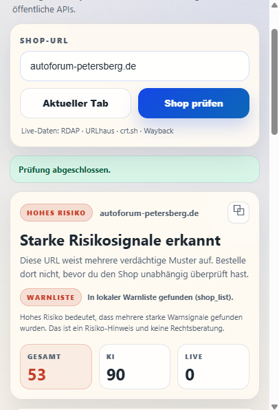 Fake-Shop-Checker Erweiterung mit Risiko-Ergebnis