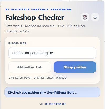 Screenshot der Erweiterung beim Eingeben einer Shop-URL