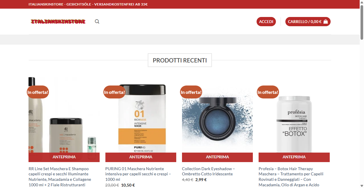 Screenshot von italianskinstore.com